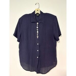 Leger Vintage Navy Blue Rayon Short Sleeve Blouse Mismatched Novelty Buttons 8